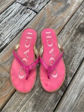 Coach Pink and Gold Logo Flip Flops